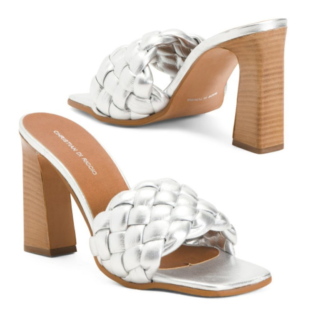 NWT CHRISTIAN DI RICCIO Silver Metallic Braided Band Heel Slip-on Sandals